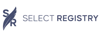 The logo for Select Registry, featuring the letters "S" and "R" on either side of a feather, and "Select Registry" to the right. logo on footer section.