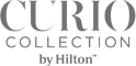 The image displays the logo for "Curio Collection by Hilton," featuring a stylized font in gray.