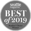 A circular badge reads "Seattle Magazine Best of 2019 Readers' Choice Winner" in gray and white text.