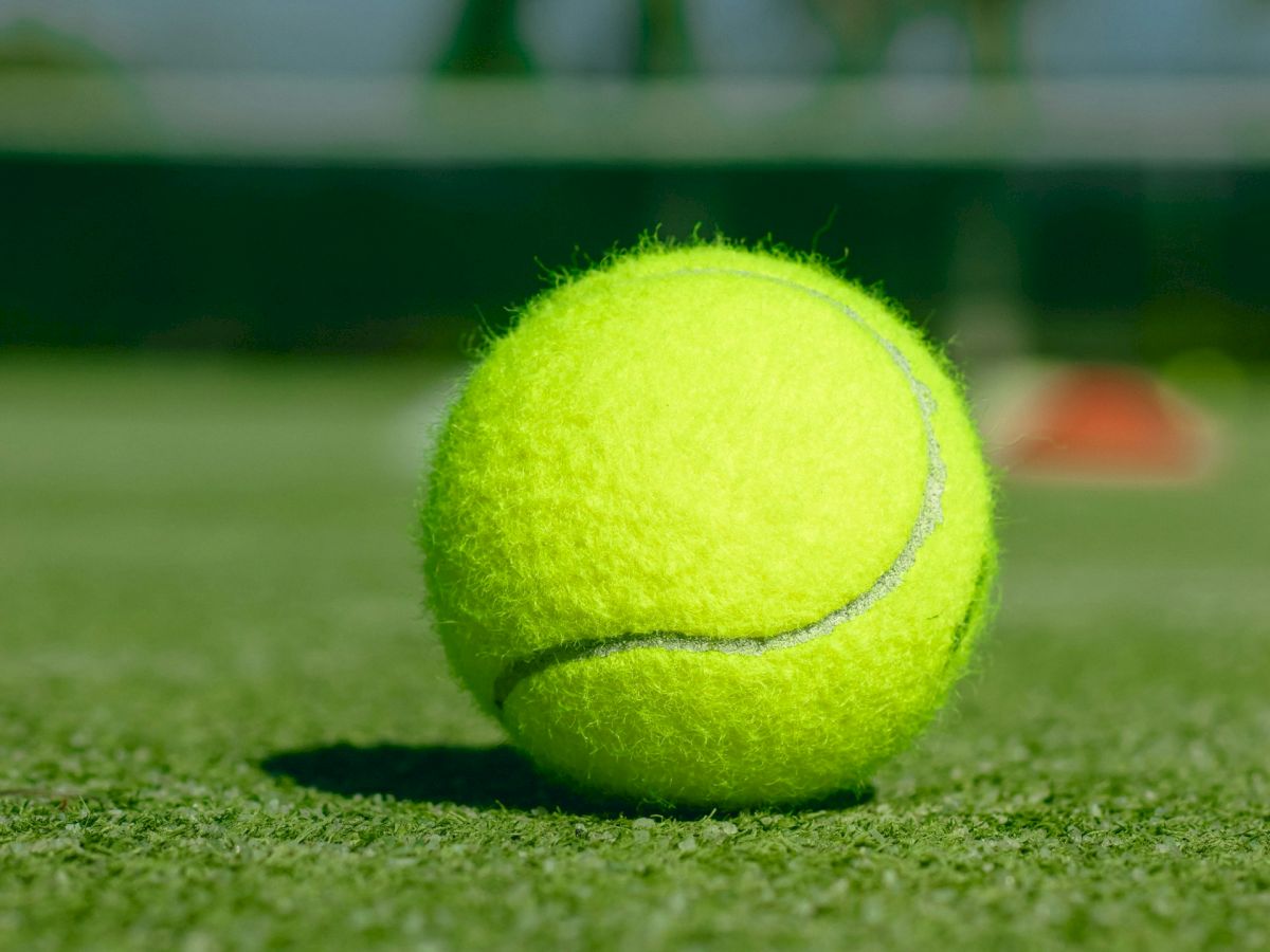 A tennis ball resting on a grass court with a blurry background, likely suggesting an outdoor tennis court.