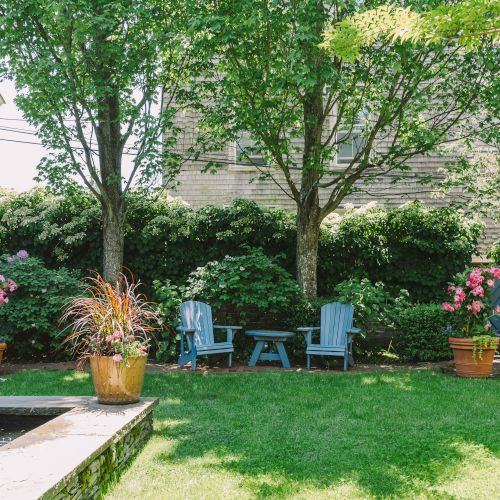 The image shows a well-maintained backyard with lush greenery, potted plants, outdoor chairs, a fountain, and blooming flowers under bright sunlight.