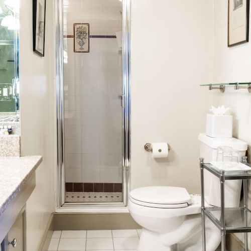 The image shows a clean, white bathroom featuring a shower with a glass door, a toilet, and a metal shelf with toiletries.