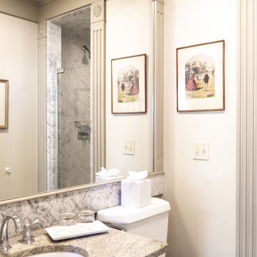 A bathroom with marble countertops, a sink, a mirror, framed art, a tissue box, and a visible shower area with marble walls ends the sentence.